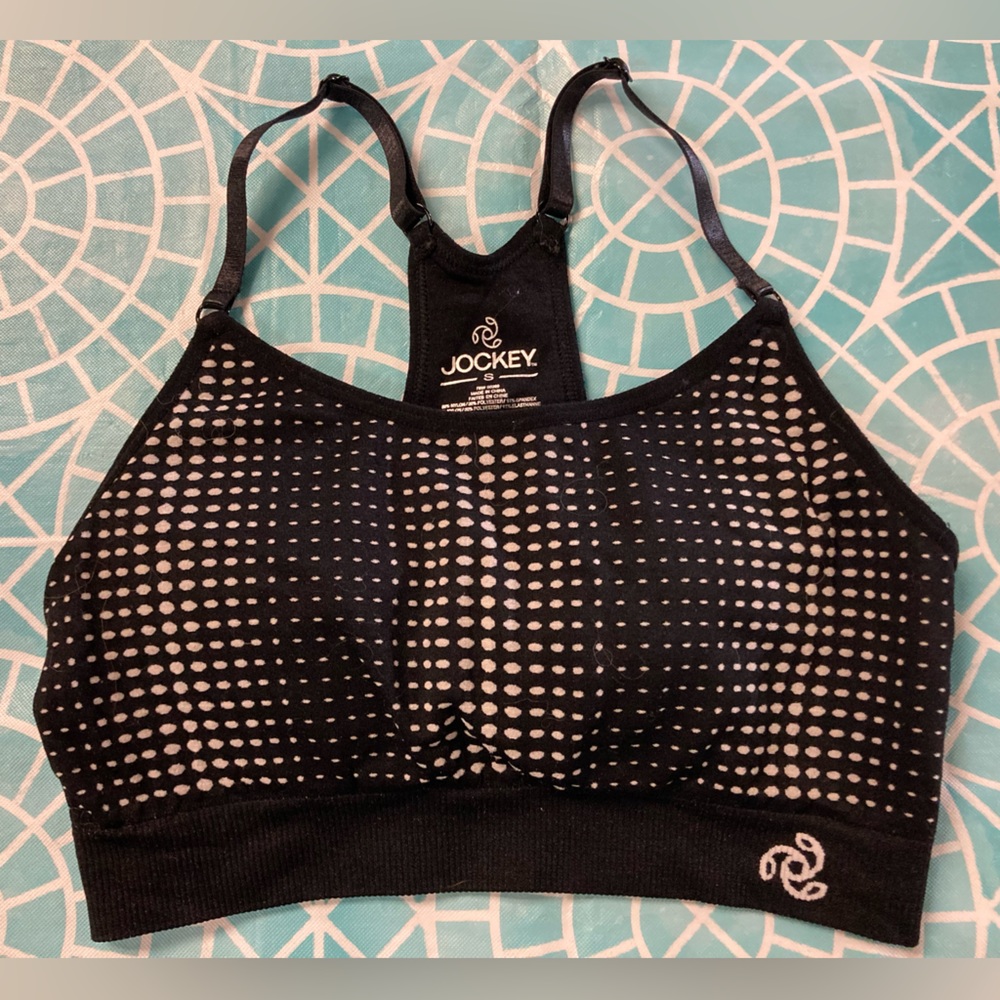 💛TODAY***$12***Jockey black racer back sports bra with gray dot design.